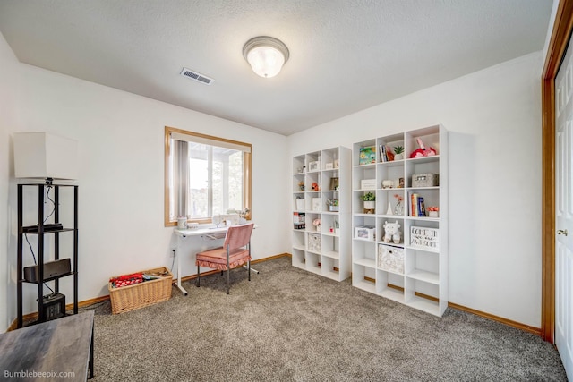 misc room featuring carpet and a textured ceiling