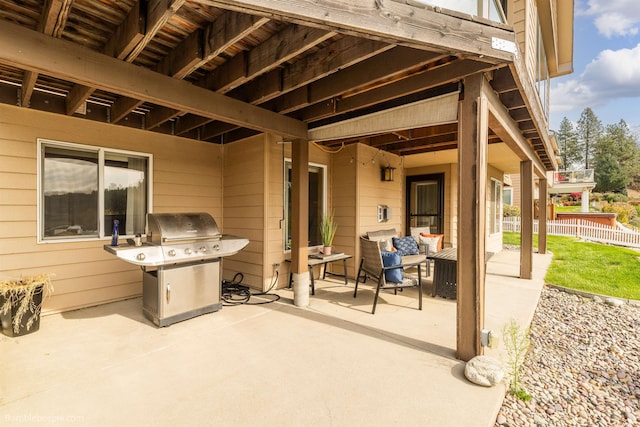 view of patio featuring an outdoor living space and a grill