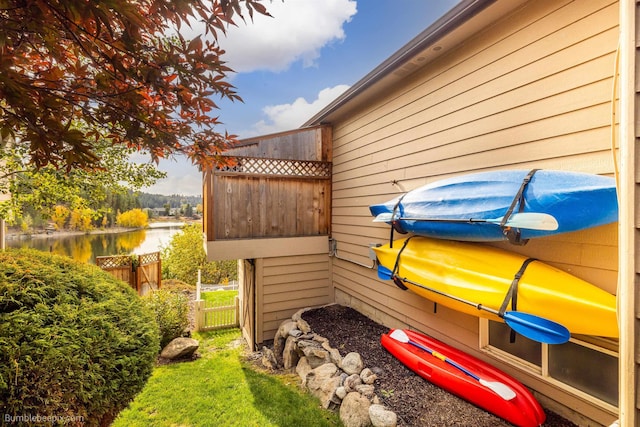 exterior space featuring a water view