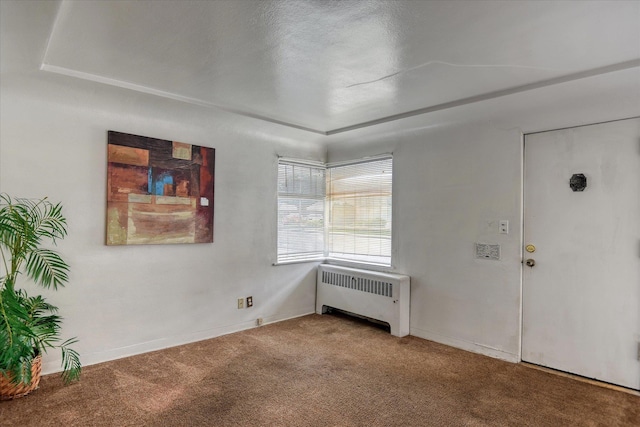 foyer entrance featuring carpet flooring and radiator