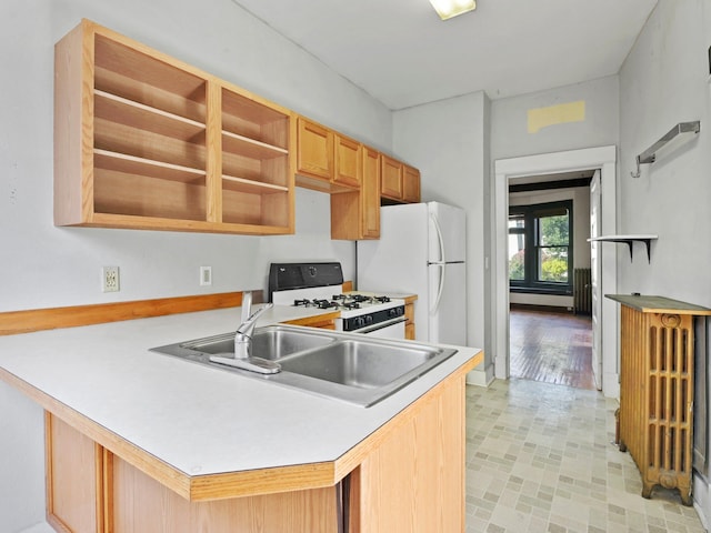 kitchen with kitchen peninsula, white appliances, and sink