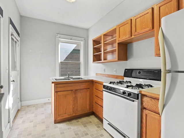 kitchen featuring kitchen peninsula, white appliances, and sink