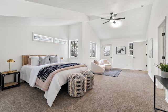 bedroom featuring carpet, vaulted ceiling, and ceiling fan