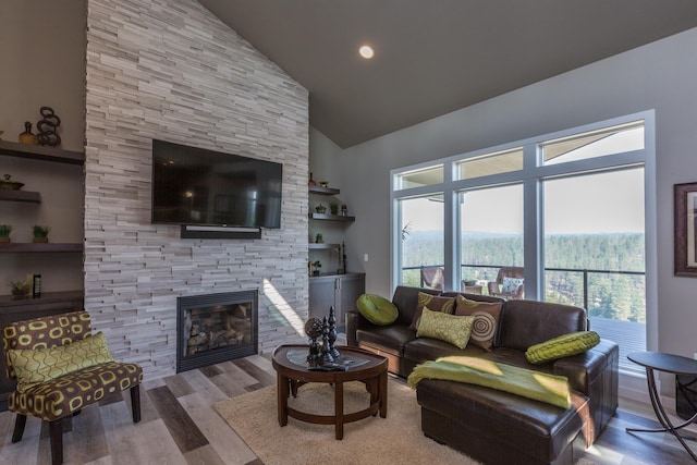 living room with high vaulted ceiling, wood finished floors, and a stone fireplace