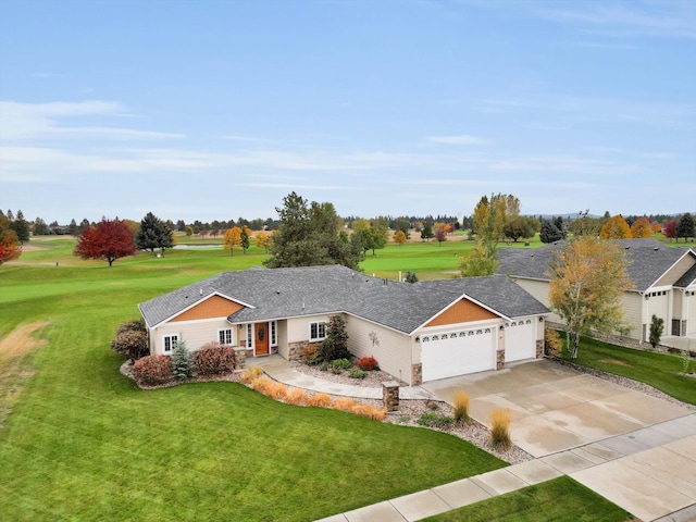 single story home featuring a front yard and a garage