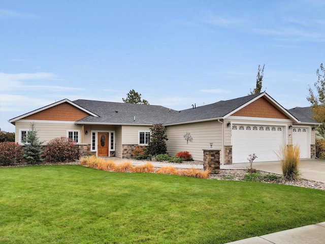 ranch-style home featuring a garage and a front yard