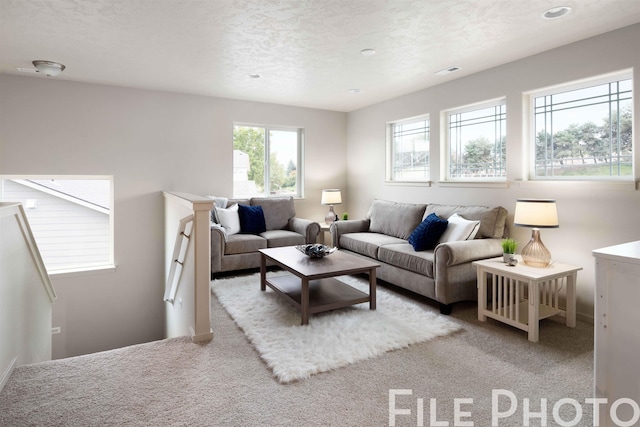 carpeted living room with a textured ceiling