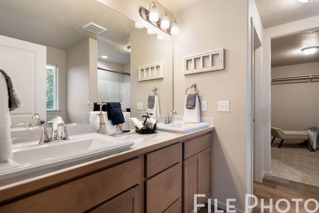 bathroom with hardwood / wood-style floors and vanity