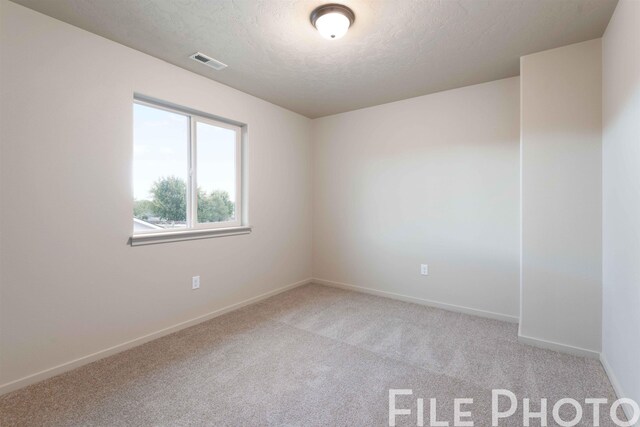 unfurnished room with a textured ceiling and light carpet