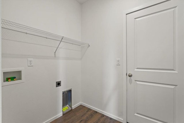 laundry room with hookup for a washing machine, dark wood-type flooring, hookup for an electric dryer, laundry area, and baseboards