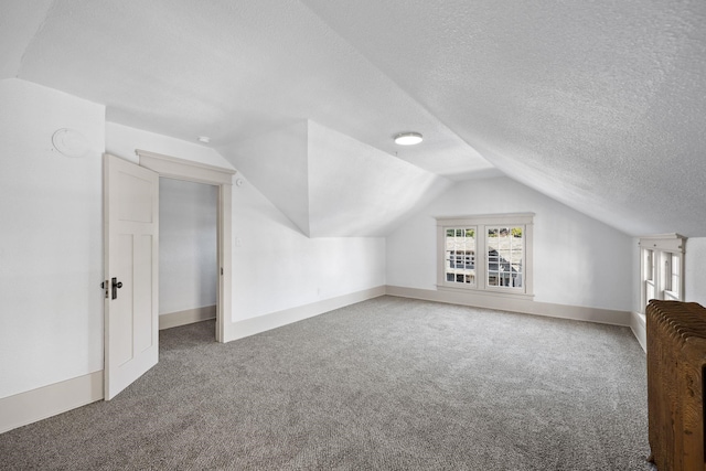 bonus room featuring vaulted ceiling, carpet flooring, and a textured ceiling