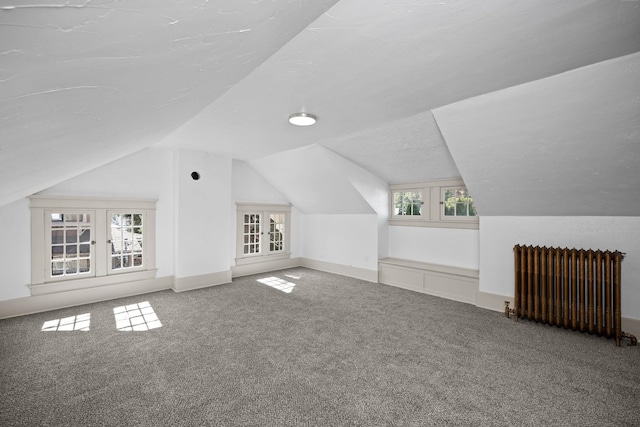 additional living space featuring carpet flooring, radiator, french doors, and plenty of natural light