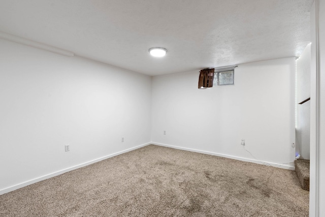 basement with carpet and a textured ceiling