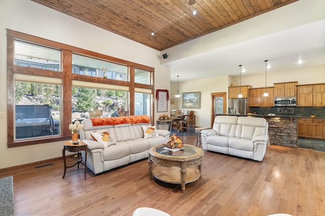 living room with wood ceiling and light wood-type flooring