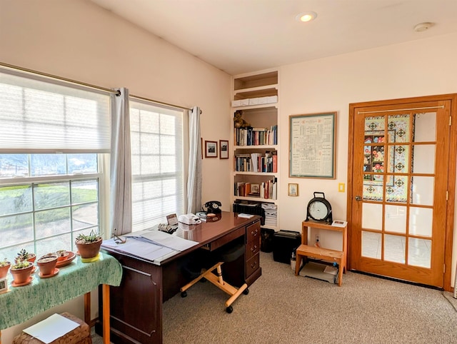 home office with carpet floors and built in features