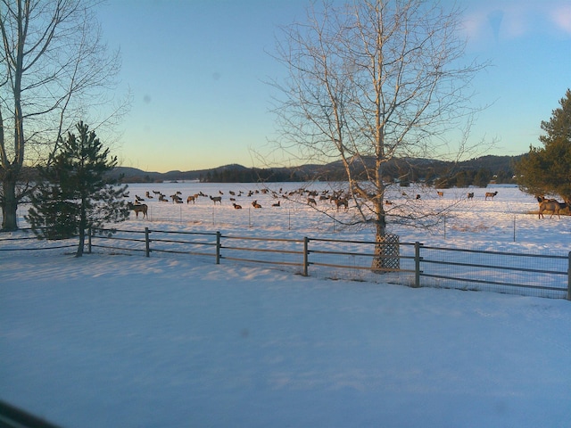 yard layered in snow featuring a mountain view and a rural view