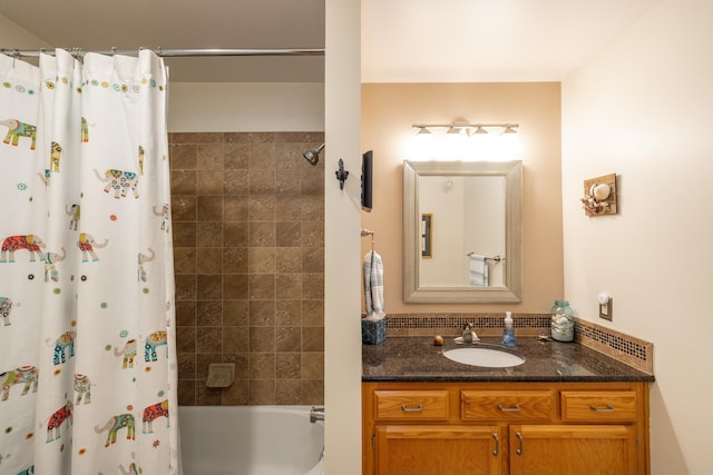 bathroom with vanity and shower / bathtub combination with curtain