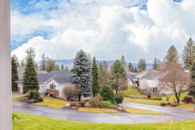 exterior space featuring a mountain view and a yard