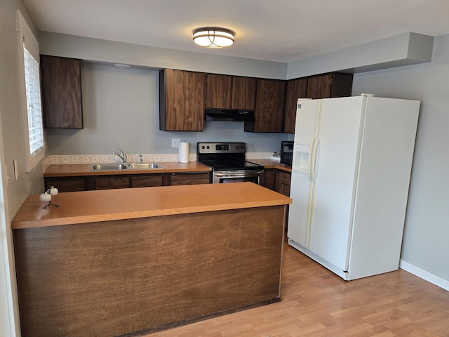 kitchen with dark brown cabinetry, white refrigerator with ice dispenser, sink, electric range, and light hardwood / wood-style flooring