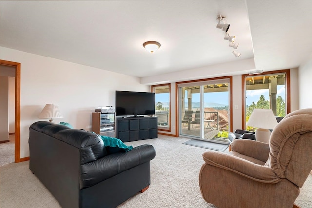 living room with rail lighting and light colored carpet