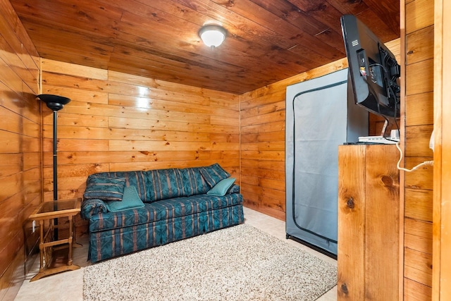 living room featuring wood walls and wood ceiling