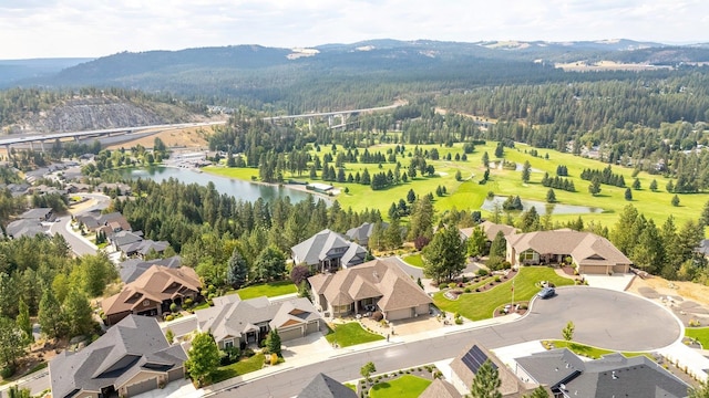 drone / aerial view with a water and mountain view