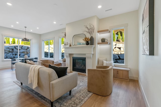 living room with light hardwood / wood-style floors