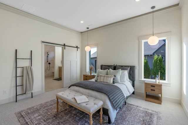 bedroom with recessed lighting, a barn door, baseboards, and ornamental molding