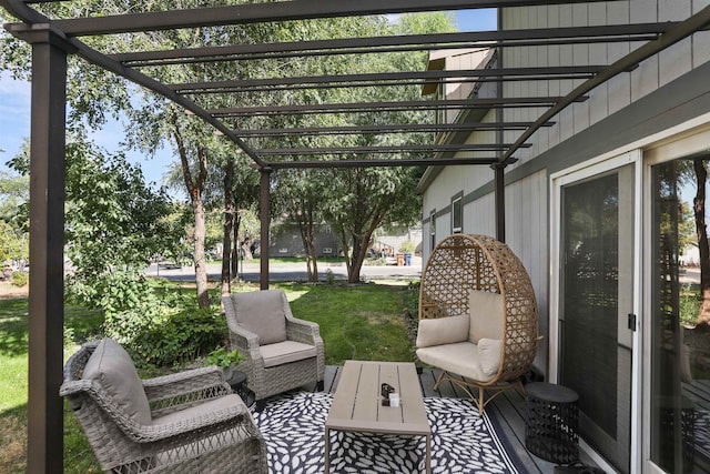 view of patio / terrace with outdoor lounge area and a pergola