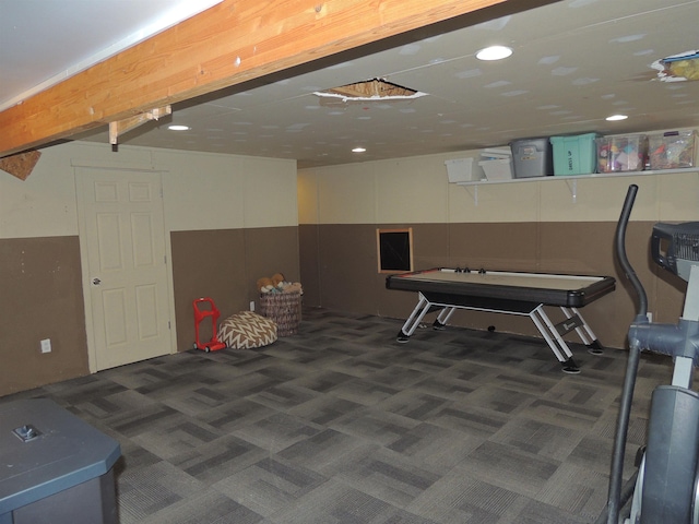 recreation room with dark colored carpet