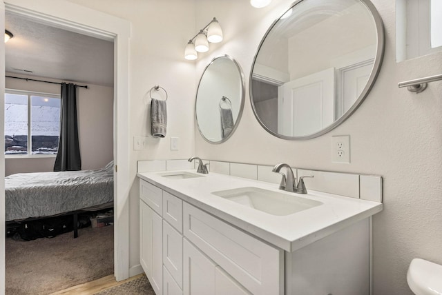 bathroom featuring hardwood / wood-style flooring and vanity