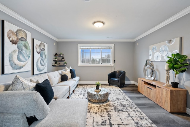 living room featuring crown molding