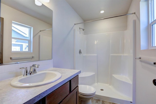 bathroom featuring a shower, vanity, and toilet