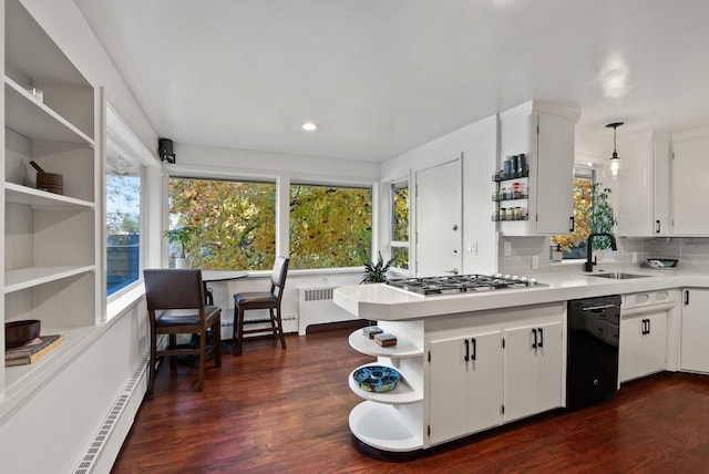 kitchen with stainless steel gas cooktop, sink, dishwasher, white cabinetry, and hanging light fixtures