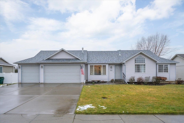 single story home featuring a front yard and a garage