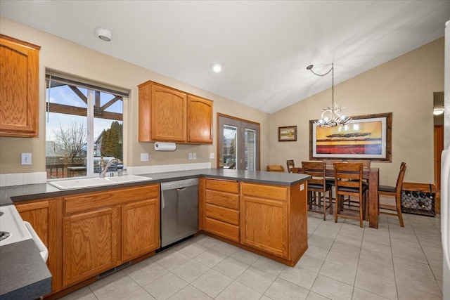 kitchen with kitchen peninsula, sink, pendant lighting, dishwasher, and a chandelier