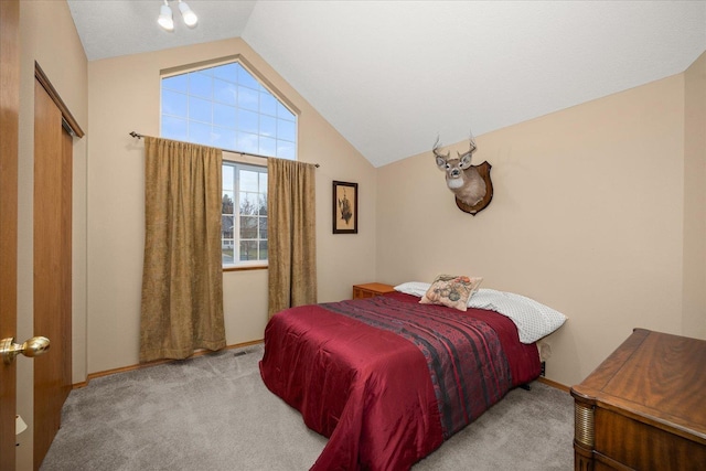 bedroom featuring light colored carpet and lofted ceiling