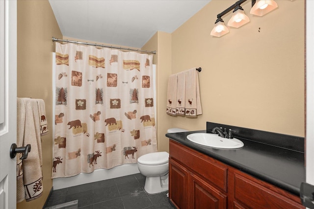 bathroom with tile patterned floors, walk in shower, vanity, and toilet