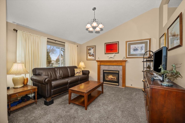 living room featuring carpet, a chandelier, a tile fireplace, and lofted ceiling