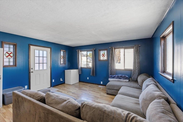 living room with light wood-type flooring and a textured ceiling