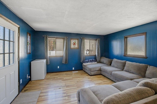 living room with a textured ceiling and light wood-type flooring