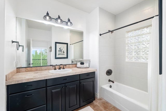 bathroom with tile patterned flooring, vanity, and shower / tub combo with curtain