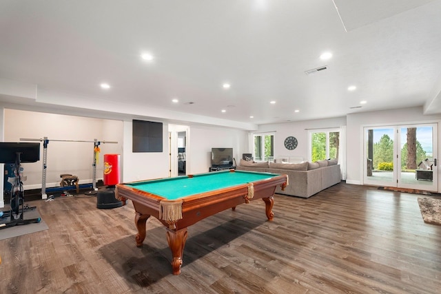 game room featuring hardwood / wood-style flooring and billiards