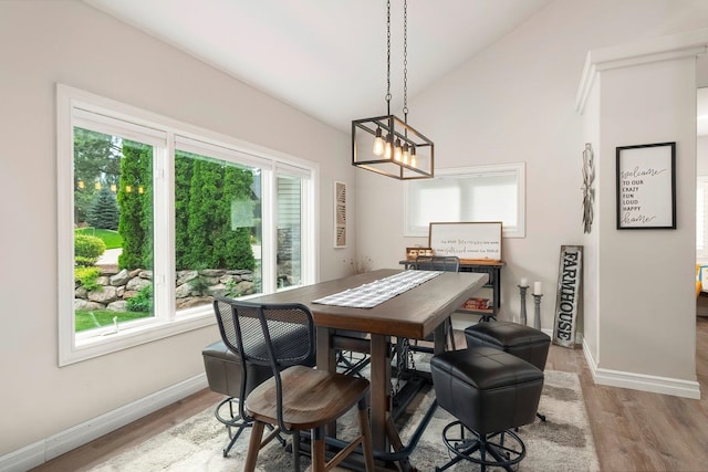 dining area featuring hardwood / wood-style floors, a healthy amount of sunlight, and lofted ceiling