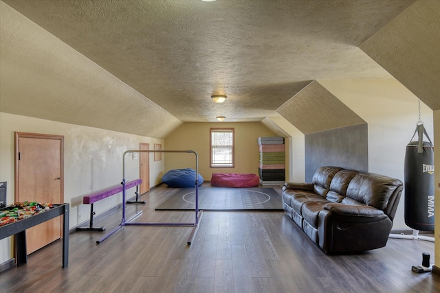 exercise room with hardwood / wood-style floors, a textured ceiling, and vaulted ceiling