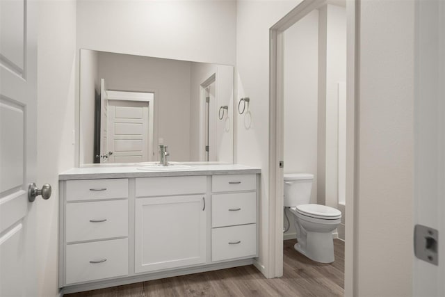 bathroom with vanity, toilet, and wood-type flooring