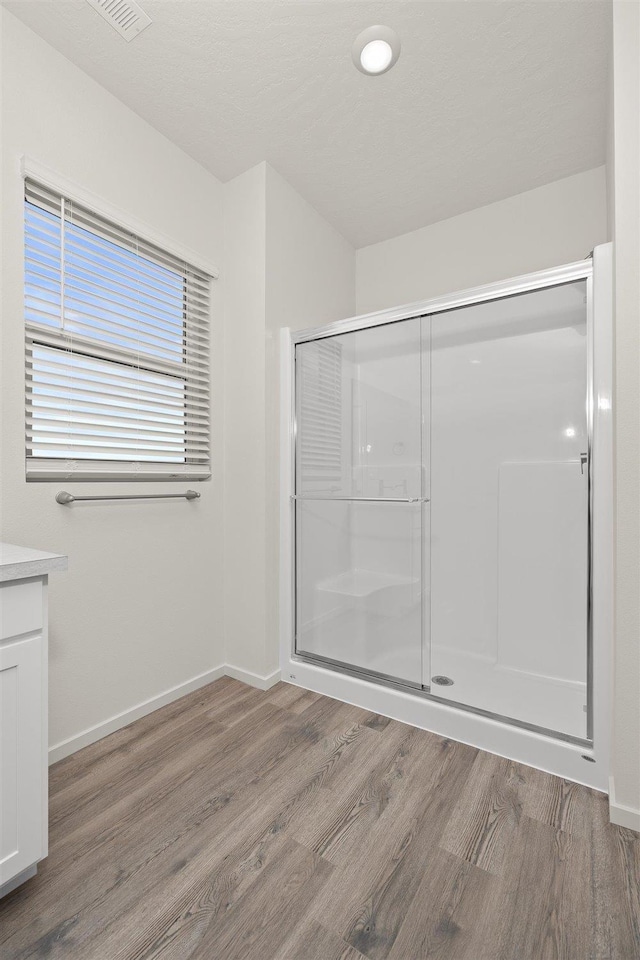 interior space featuring a shower with door, vanity, and hardwood / wood-style floors