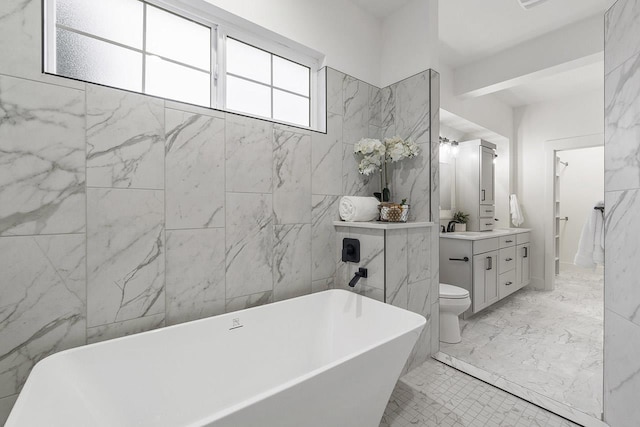 bathroom with a washtub, vanity, and toilet