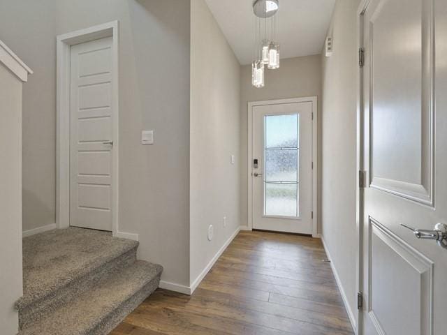 doorway to outside featuring dark hardwood / wood-style flooring and an inviting chandelier