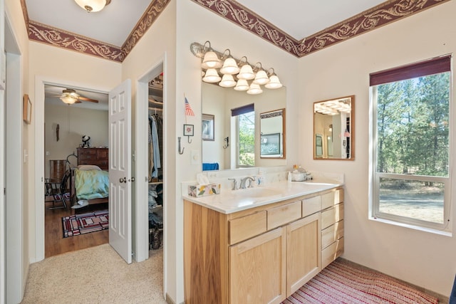 bathroom with ceiling fan, a healthy amount of sunlight, and vanity